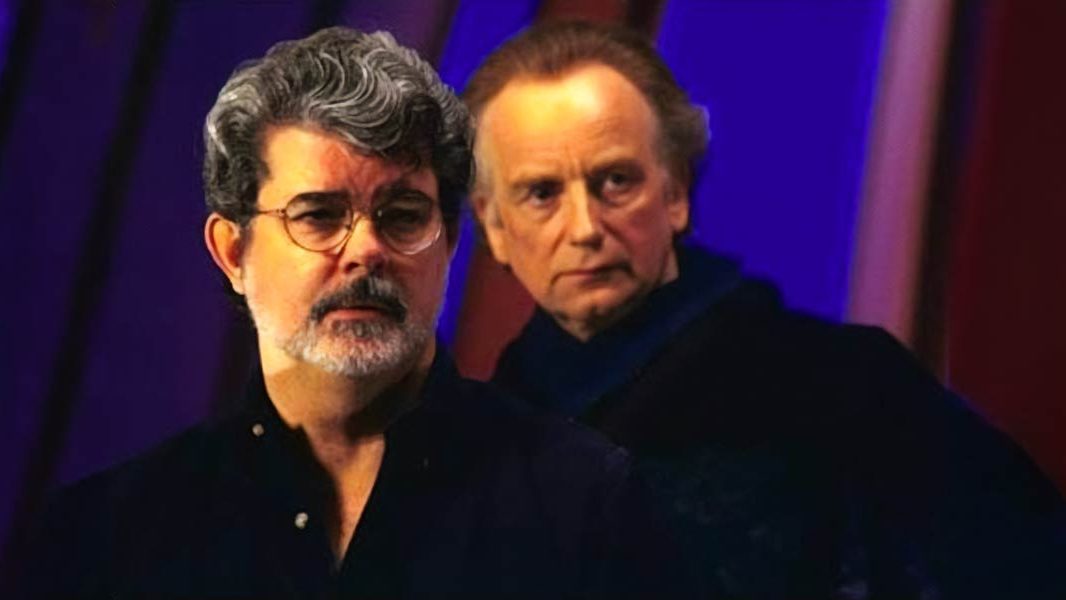 George Lucas und Ian McDiarmid beim Dreh von Star Wars: Episode I - Die dunkle Bedrohung (Coruscant-Appartement-Set)